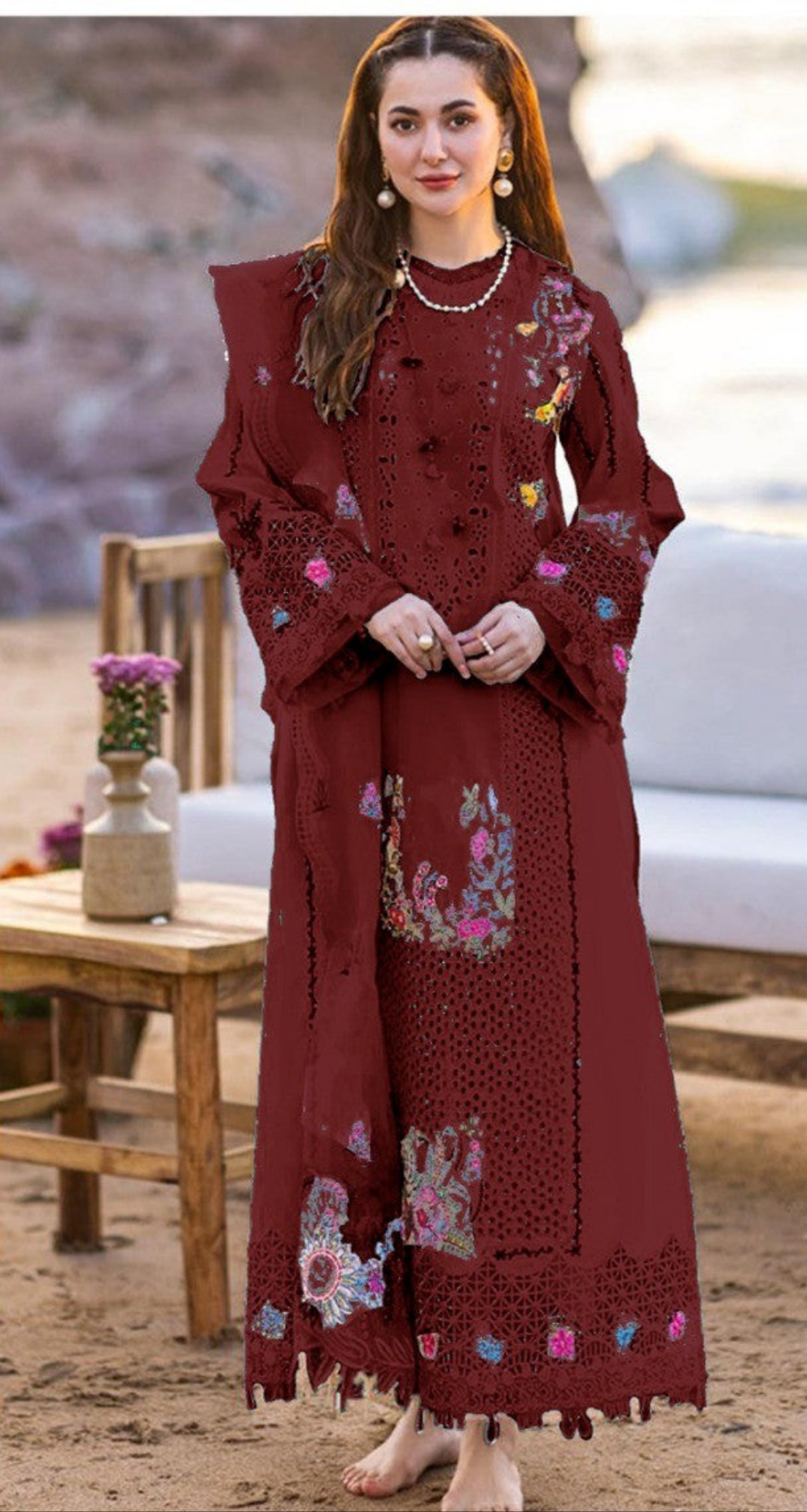 Qalamkar Maroon lawn 3pic